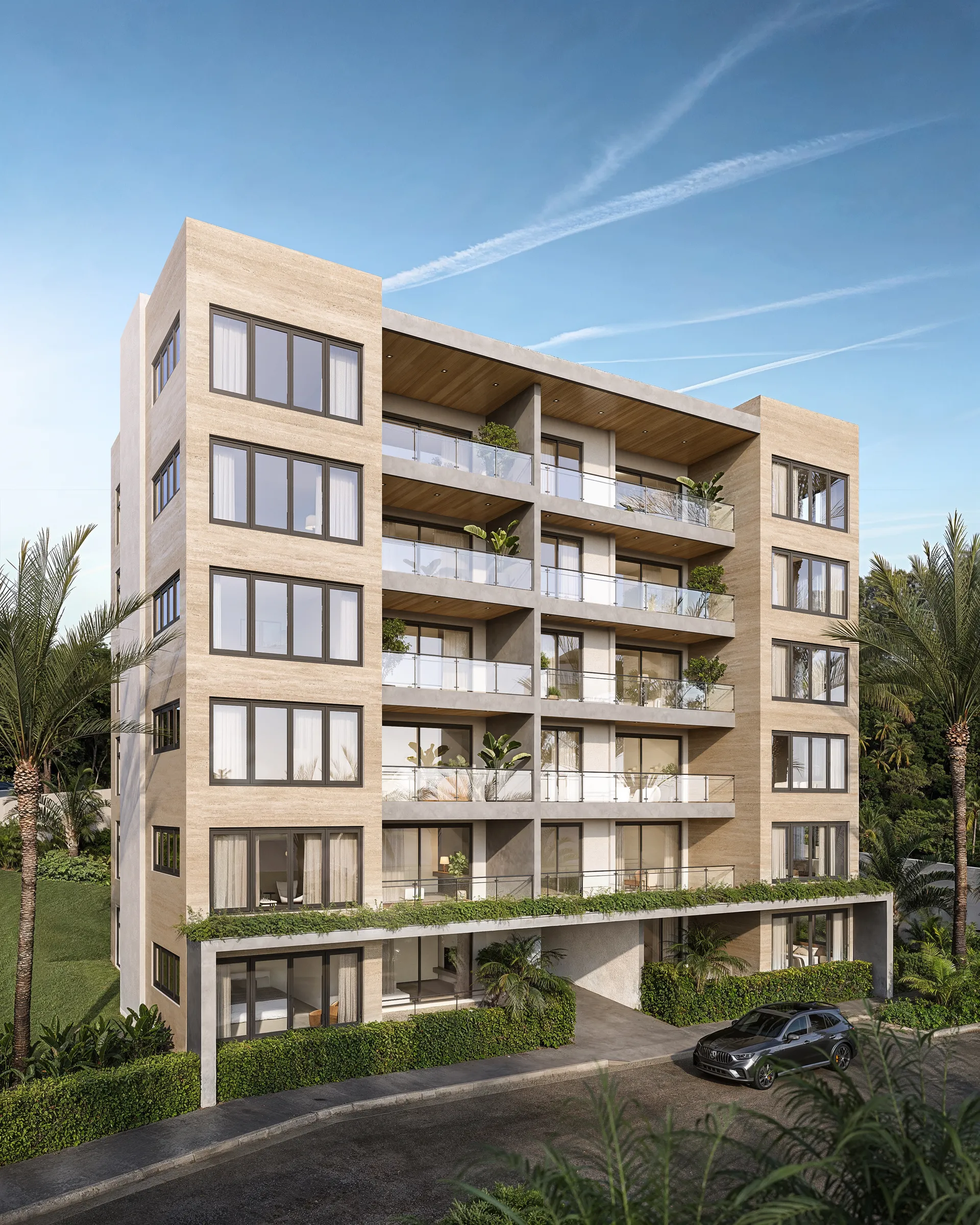 Rendering of a residential block at The Elysian in daylight, among palms