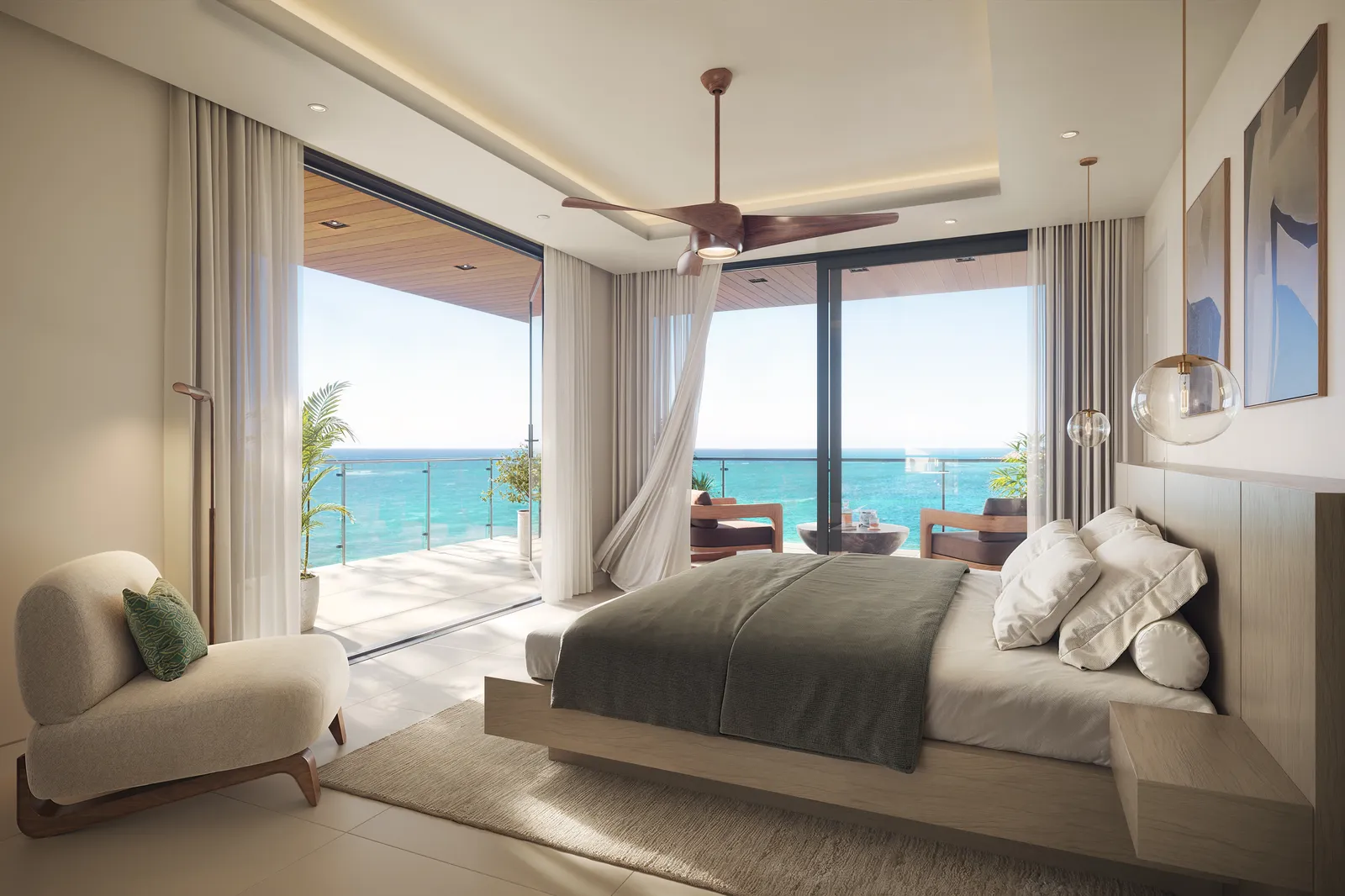 Interior rendering of a bedroom opening onto a balcony with a view of the ocean